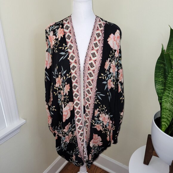 Billabong Floral Kimono Black Pink Floral Open Front Cardigan Women's S/M - Picture 2 of 13